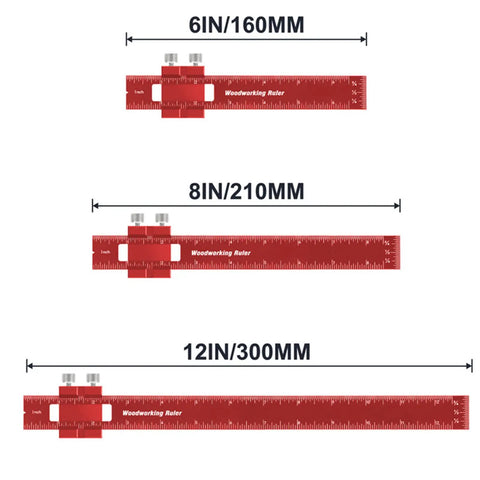 Pro Grade 3 Piece Pocket Metal Ruler Set With Inch And Metric T Type Scribing Square, sizes 6 8 12 inch, laser engraved numbers