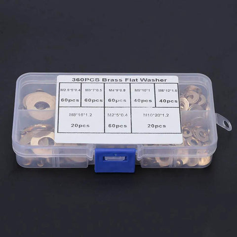 Pro-Grade Brass Flat Washer Set 360-Piece Assortment For Mechanical Maintenance M2 To M10 Sizes in labeled plastic case