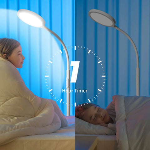 White Floor Lamp With Super Bright Dimmable LED For Living Room Adjustable Gooseneck Reading Light Remote Control And Custom Color Temperature Standing Floor Lamp With Eye Friendly Design showing LED adjustment near bed