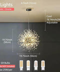 9 Light Chrome Crystal Dandelion Firework Chandelier With Adjustable 78 Inch Cord, modern ceiling lighting for home decor