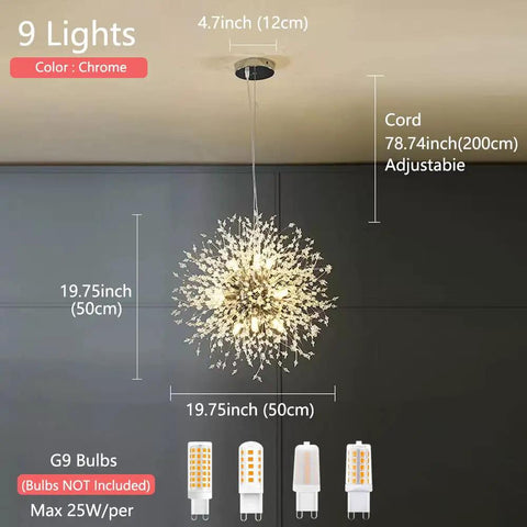 9 Light Chrome Crystal Dandelion Firework Chandelier With Adjustable 78 Inch Cord, modern ceiling lighting for home decor
