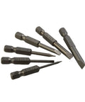 Get Your Hands On These Top Tier Precision Slotted Screwdriver Bits For Power Drills With Six Flat Head Tips From 2 To 6mm Featuring Durable Alloy Steel And Secure Hex Shank Perfect For Serious Home Repair And DIY Hustle. Six alloy steel slotted drill bits, 2 to 6mm, on white background