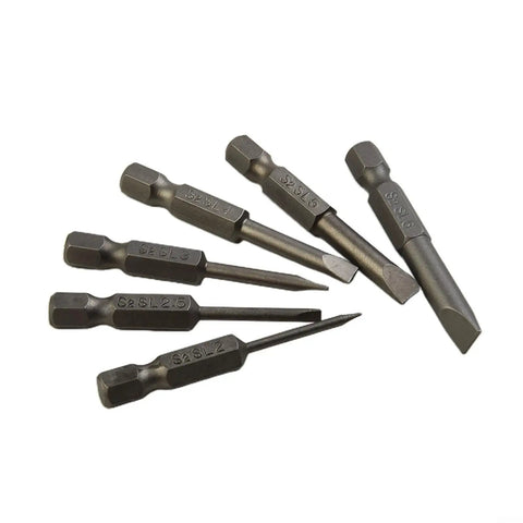 Get Your Hands On These Top Tier Precision Slotted Screwdriver Bits For Power Drills With Six Flat Head Tips From 2 To 6mm Featuring Durable Alloy Steel And Secure Hex Shank Perfect For Serious Home Repair And DIY Hustle. Six alloy steel slotted drill bits, 2 to 6mm, on white background