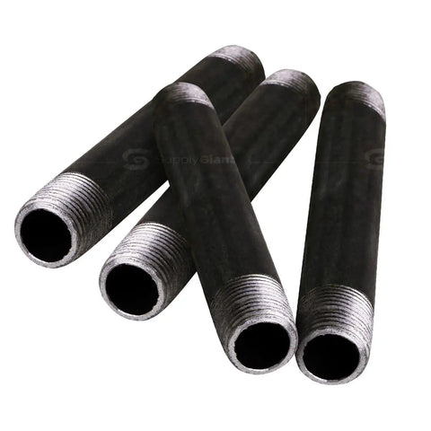 Three Eighths Inch Black Steel Pipe Ten Inch Nipple Set Four Pack Pre Cut Threaded Industrial Grade Malleable Iron Pipe Fittings For DIY Furniture And Black Pipe Shelving