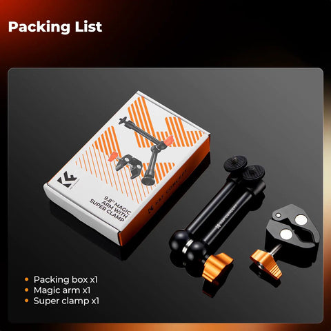 9.8 Inch Magic Arm Clamp Kit with packaging, magic arm, and super clamp visible
