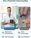 Dentist holding ultrasonic retainer cleaner machine next to person cleaning dentures with toothbrush, showcasing cleaning methods.