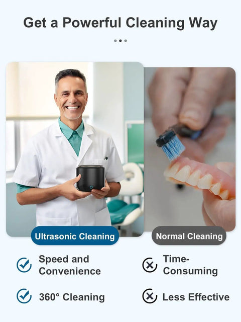Dentist holding ultrasonic retainer cleaner machine next to person cleaning dentures with toothbrush, showcasing cleaning methods.