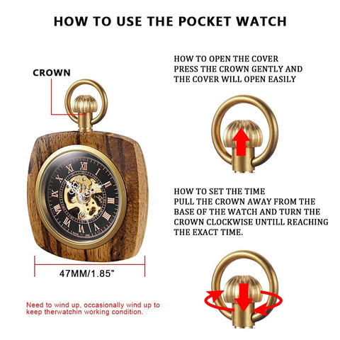 Retro Square Red Brown Wooden Hand Wind Pocket Watch For Men With Chain Capless Hollow Mechanical Timepiece No Battery Classic Vintage Vibe For Everyday Carry