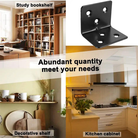 20 Piece Heavy Duty Stainless Steel Corner Braces Six Hole L Shape Metal Brackets For Wood Shelves Cabinet Furniture Shelf Framing Reinforcement Right Angle Joint Hardware Built Tough To Keep Things Rock Solid displayed with bookshelves and cabinets.