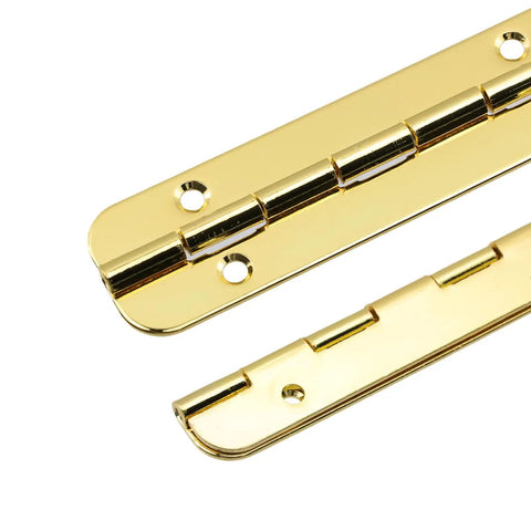 Heavy Duty Gold Iron Piano Hinges 6.3 Inch Continuous Cabinet Hardware For Kickass Furniture Builds, showing two pieces with polished finish.