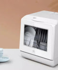 Compact Countertop Dishwasher Fully Automatic No Plumbing Needed Quick Dry Triple Filter Holds Large Plates with clean dishes inside.