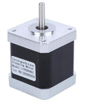 Close-up of 17HS8401 NEMA 17 High Torque CNC Stepper Motor with metal shaft and labeled casing for 3D printers and machining equipment.