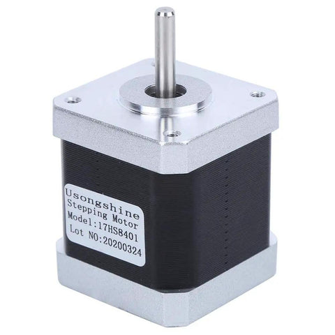 Close-up of 17HS8401 NEMA 17 High Torque CNC Stepper Motor with metal shaft and labeled casing for 3D printers and machining equipment.