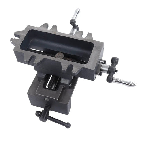 Heavy Duty 4 Inch Slide Drill Press Vise Crafted From Durable Cast Steel With Smooth Handwheels, top view with adjustable handwheels.
