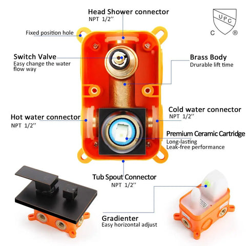 Internal components of the Shower Faucet With Tub Spout In Oil Rubbed Bronze Wall Mounted Rainfall Shower Head And Handle Set Tub And Shower Trim Kit With Rough In Valve, featuring connectors and brass body.