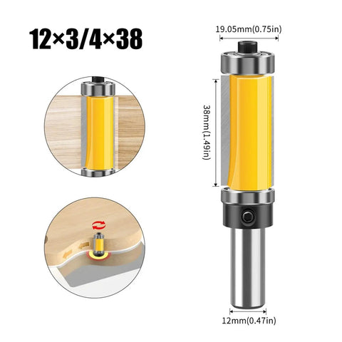 Premium 1 Pc 12Mm Shank Pattern Router Bit With Dual Top Bottom Bearings For Smooth Guided Trim On Wood Carving And DIY Projects Featuring Solid 3/4In Cutter Diameter For Super Duper Results close-up of 12mm shank and 19.05mm cutter diameter.