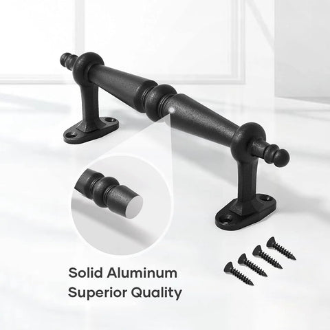 Close-up of the 9 Inch Barn Door Pull Handle Set In Rustic Black Aluminum with ergonomic chamfered edges and included screws.