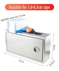 Smart Auto Tape Cutter Machine With Adjustable Sealing Length For Fast Small Box Packing, Secure Toy And Hardware Shipping That Cuts Like A Total Champ Today, showing tape dispenser with box.