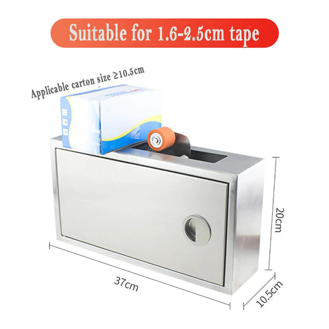Smart Auto Tape Cutter Machine With Adjustable Sealing Length For Fast Small Box Packing, Secure Toy And Hardware Shipping That Cuts Like A Total Champ Today, showing tape dispenser with box.