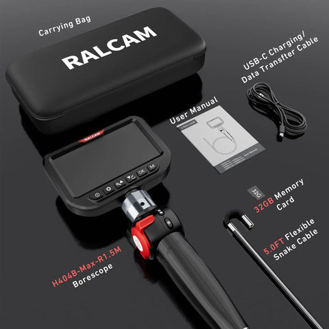 Ultra Slim 3.9mm Two Way Articulating Borescope With 5 Inch HD IPS Screen Stainless Steel Flexible Fiber Optic Endoscope Camera With Built In Light For Tight Engine And Pipe Inspections 0.15 Inch Probe Automotive Tool with carrying case, USB-C cable, and manual