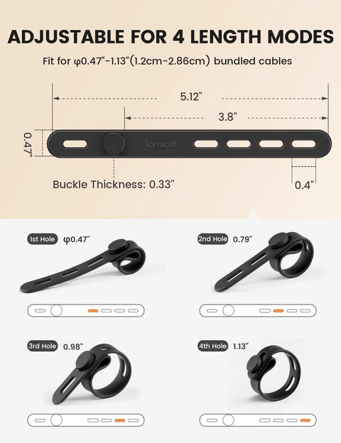 Silicone Cable Ties 10 Pack Cord Organizer With Secure Lock Buckle Durable Reusable Wire Management Strap, size and design details.