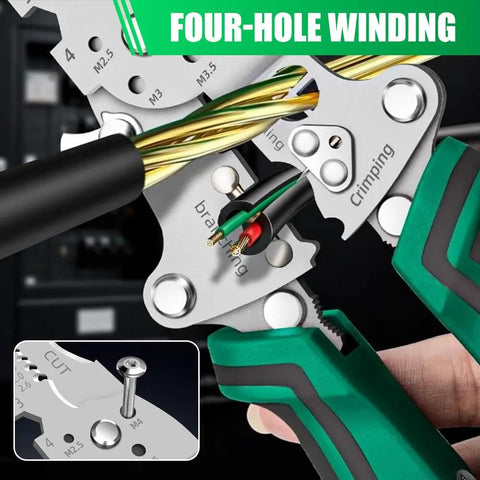 Close-up of Foldable Wire Stripper With Voltage Tester 6 In 1 Electrician Multitool showing four-hole winding feature.