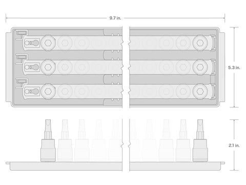 Diagram of 31-piece 1/4 Inch Drive Hex And Torx Socket Set With Rails And Tray, SAE And Metric Bits, with dimensions shown.