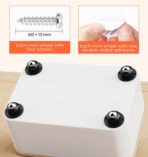 24 Pack Self Adhesive Caster Wheels One Inch Low Profile Swivel Glides installed on a white box with screws visible.
