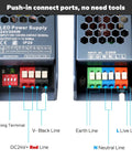 Close-up of Beefy 24V 300W LED Power Supply Driver Dimmable Switching AC 110 To 220V To DC 24V input and output ports with labels.