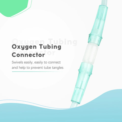 Oxygen tubing swivel connector in teal translucent plastic with rotating joints, close-up view.
