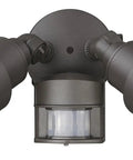 Motion Activated 2 Light LED Flood Light Outdoor Fixture In Architectural Bronze Wet Rated Exterior Security Lighting With Integrated LED For Solid Dope Home Lighting And Safe Entryway, close-up view