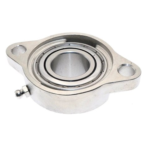 Stainless steel two-bolt flange bearing unit, 25.4 mm, with setscrew lock for shaft mounting. Tough 25 Point 4 Millimeter SSBLF205 16 Stainless Steel Two Bolt Flange Bearing Unit Includes Real Setscrew Locking Mechanism For Secure Shaft Mounting Handles Rough Jobs In Wet Damp Locations Without Rust Issues While Providing Badass Durability