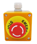 Front view of Emergency Stop Red Sign Mushroom Push Button Switch Station 1NC 1NO 440V 10A Normally Closed Stop Button Box LA38-11ZS-BOX.