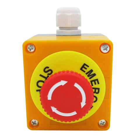 Front view of Emergency Stop Red Sign Mushroom Push Button Switch Station 1NC 1NO 440V 10A Normally Closed Stop Button Box LA38-11ZS-BOX.