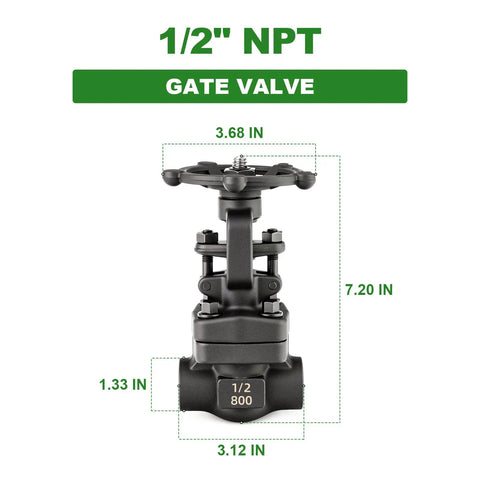 Beefed Up Forged Carbon Steel Gate Valve 1/2 Inch NPT Female Rotary Sluice Valve With Wheel Handle, size dimensions shown