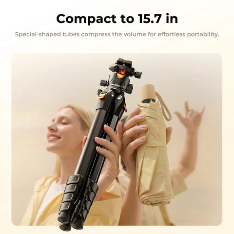 Lightweight Travel Tripod For Camera And Phone, 63 Inch Aluminum with Arca Ball Head, woman holding folded tripod and umbrella