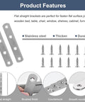 Image showing features of 8 Pack 4 Inch Stainless Steel Flat Straight Mending Plates Heavy Duty Repair Brackets with screws for joints.