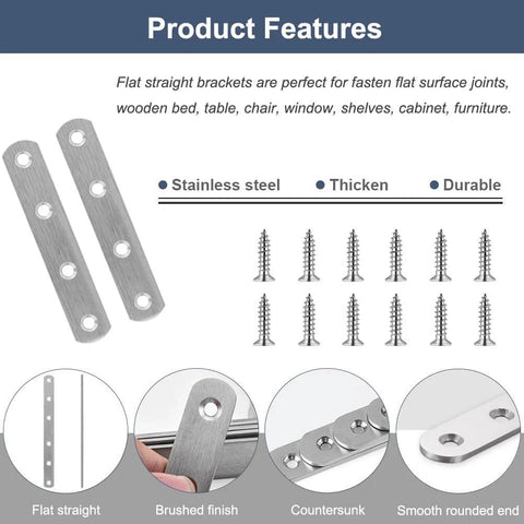 Image showing features of 8 Pack 4 Inch Stainless Steel Flat Straight Mending Plates Heavy Duty Repair Brackets with screws for joints.