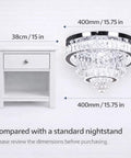 Dimmable 15.7 Inch Crystal Ceiling Light With Remote shown next to a standard nightstand for size comparison.