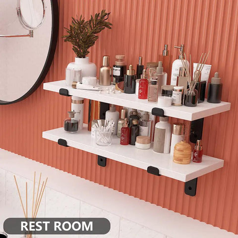 7.25 Inch Floating Shelf Brackets Set Of 4 Built Tough Heavy Duty Wall Mounted One Quarter Inch Thick Matte Black Carbon Steel Shelving Supports For Strong Home Storage And Easy Install holding bathroom items on shelves