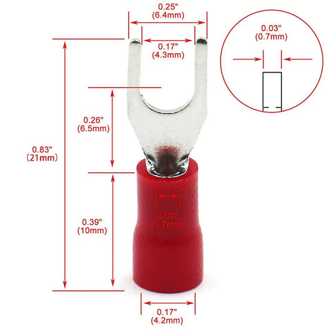 Insulated Fork Spade Terminal Connectors For 22 To 16 AWG Wires 0.5 To 1.5 Mm2 4.3 Mm Hole Fits Standard US 8 Stud Shafts