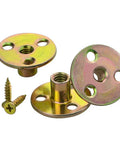 Heavy Duty 64 Pack 3/8 Inch Tee T Nuts With Round Flange Base And Mounting Screws Corrosion Resistant hardware for furniture assembly, showcasing three tee nuts with screws.