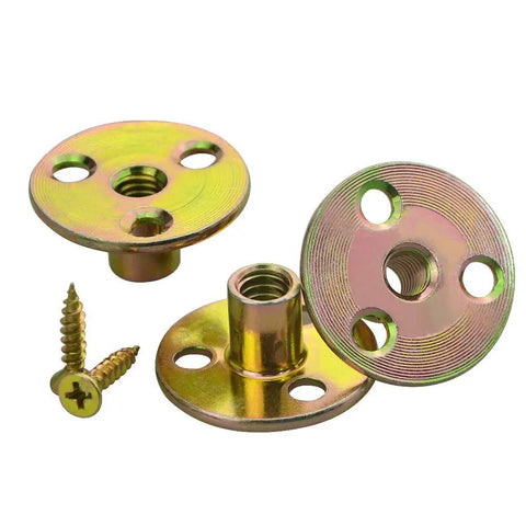 Heavy Duty 64 Pack 3/8 Inch Tee T Nuts With Round Flange Base And Mounting Screws Corrosion Resistant hardware for furniture assembly, showcasing three tee nuts with screws.