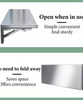 304 Stainless Steel Wall Mounted Shelf With 2 Brackets And Fold Down Table for Tiny Pads, shown folded and unfolded.