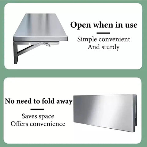 304 Stainless Steel Wall Mounted Shelf With 2 Brackets And Fold Down Table for Tiny Pads, shown folded and unfolded.