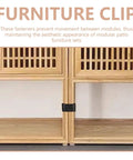 Black rattan furniture clip holding together two sections of wooden furniture. Rattan Furniture Clips 8 Pack For Outdoor Wicker Sofas.