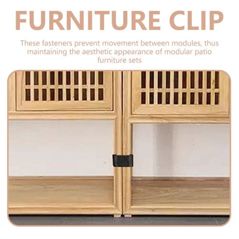 Black rattan furniture clip holding together two sections of wooden furniture. Rattan Furniture Clips 8 Pack For Outdoor Wicker Sofas.