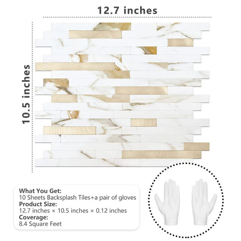 Peel And Stick Backsplash Tiles Marble Calacatta With Metal Gold Finish, 10 self adhesive PVC sheets, 12.7x10.5 inches, tile detail view