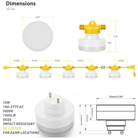 Beast Bright 100 Foot LED Construction String Light With 10 Bulbs, diagram of bulb dimensions and features, 10000 Lumen, 5000K