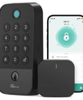 Smart Door Lock With WiFi And Bluetooth Gateway, No Keys Needed Keyless Entry With Code, Fingerprint And Keypad Deadbolt For Front Door, App Remote Control, Auto Lock, Easy Install In Minutes, Black next to smartphone app display and gateway.